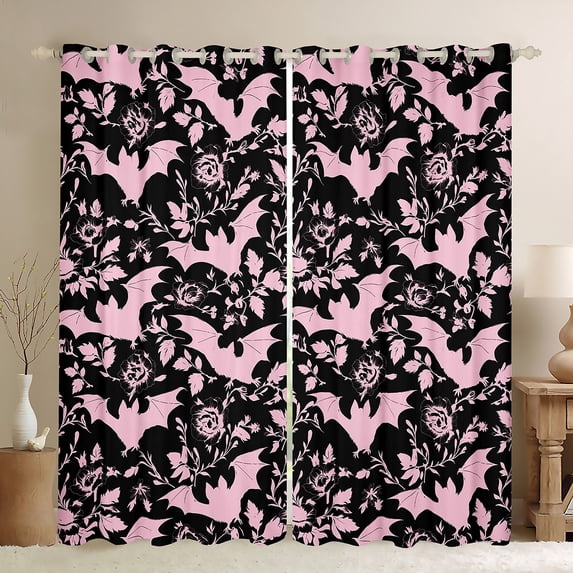 Castle Fairy Black Bats Black Out Curtains,Gothic Flower Curtains Pack of 2 (42x63 Each)