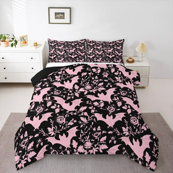 Castle Fairy Black Bats Full Size Comforter Sets,Gothic Vintage Flower Bedding Sets