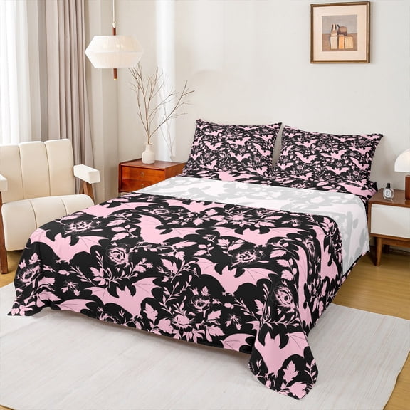 Castle Fairy Black Bats Full Size Sheets for Teens,Gothic Vintage Flower Bed Sheets