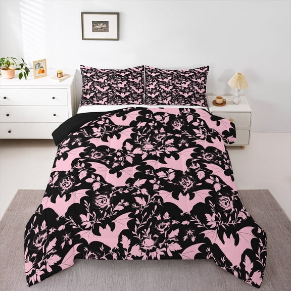Castle Fairy Black Bats Queen Comforter Set,Gothic Vintage Flower Bedding Comforter Set