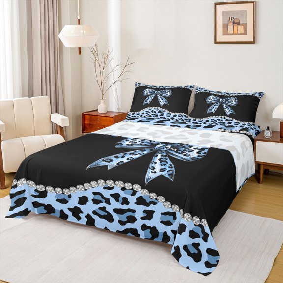 Castle Fairy Black Blue Bow Knot Full Size Sheets,Cheetah Print Bed Sheets