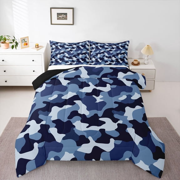 Castle Fairy Black Blue Camo 3 Pieces Queen Comforter Set for Children Teens Adults,Vintage Camouflage Ultra Soft Bedding Sets,Abstract Geometric Bedding Comforter Set Breathable