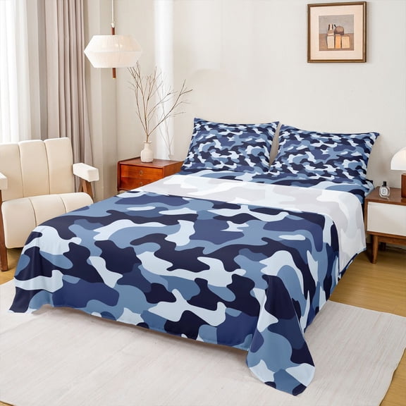 Castle Fairy Black Blue Camo Twin Sheet Sets 3pcs for Children Teens Adults,Vintage Camouflage Twin Fitted Sheet Microfiber,Abstract Geometric Breathable Flat Sheet,Super Cozy Room Decor