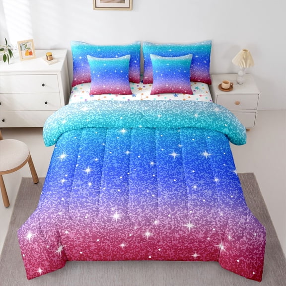 Castle Fairy Black Blue Glitter Print Bedding Comforter Set,Gradient Full Bedding Set