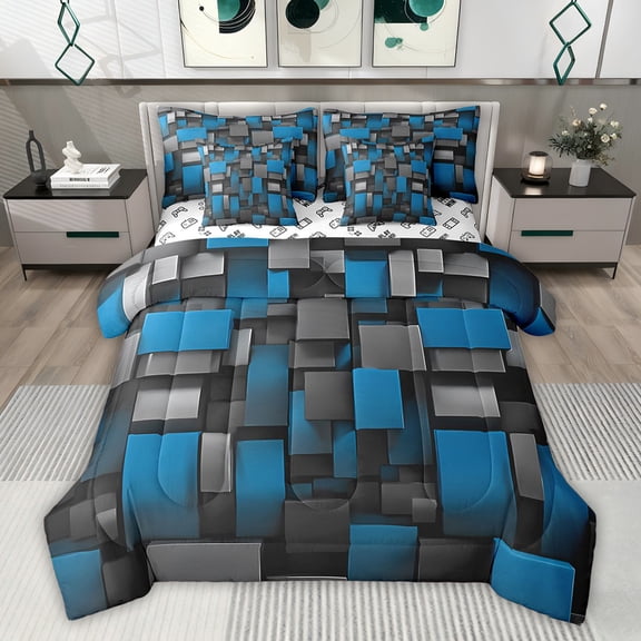Castle Fairy Black Blue Grid Bedding Comforter Set,Futuristic Cubes Full Bedding Set