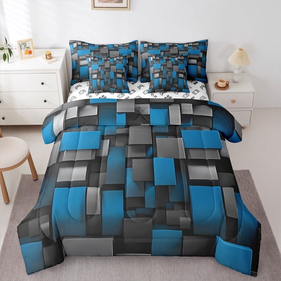 Castle Fairy Black Blue Grid Bedding Comforter Set,Futuristic Cubes Queen Bedding Sets