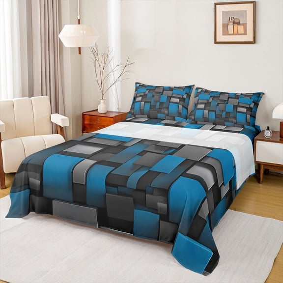 Castle Fairy Black Blue Grid Full Size Sheets,Futuristic Cubes Bed Sheets