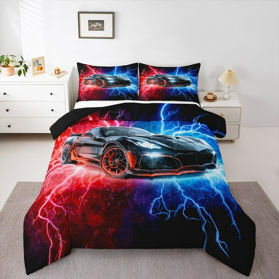 Castle Fairy Black Car Boy Queen Comforter Set,Extreme Sport Bedding Comforter Set