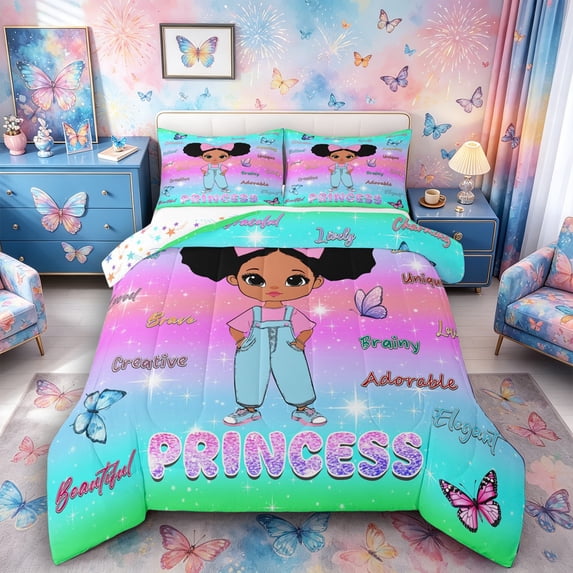 Castle Fairy Black Cartoon Girl Queen Comforter Set 3 Pieces,Dreamy Gradient Stars Print Comforter Sets Queen,Mint Green Peach Purple,1 Comforter and 2 Pillowcases