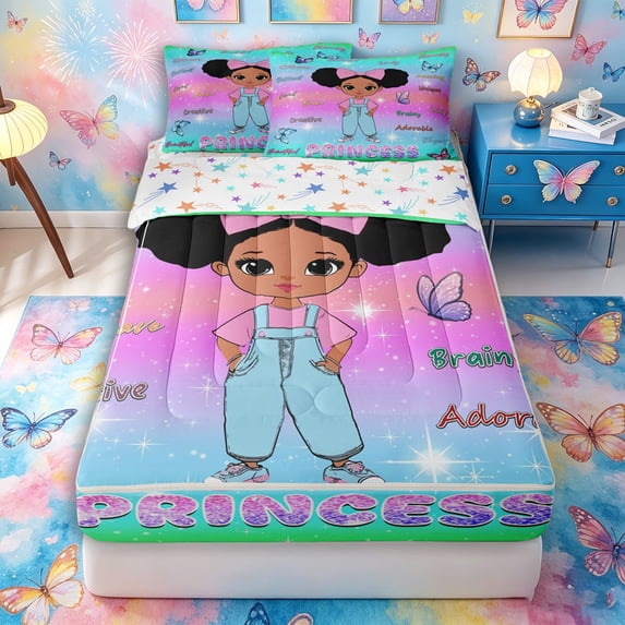 Castle Fairy Black Cartoon Girl Zipper Full Size Comforter Sets with Fitted Sheet and 2 Pillowcases,Dreamy Gradient Stars Print Zipper Bedding Set,Mint Green Peach Purple,4pcs