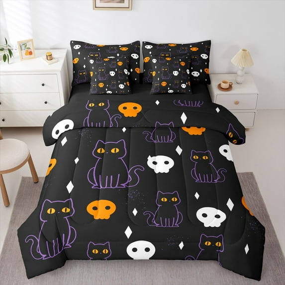 Castle Fairy Black Cat 7pcs Bedding Comforter Set for Teens,Festival Halloween Queen Bedding Sets Super Cozy,Spooky Animal Queen Sheet Sets,Super Cozy Room Decor