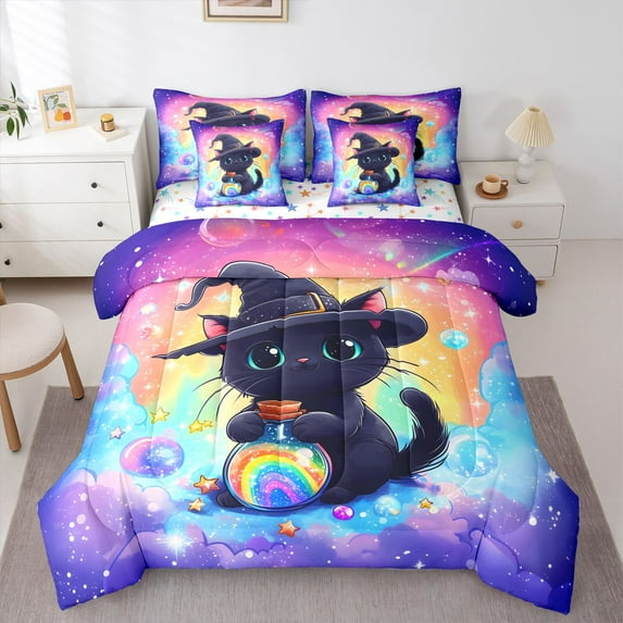 Castle Fairy Black Cat Bedding Comforter Set,Bling Starry Sky Full Bedding Set