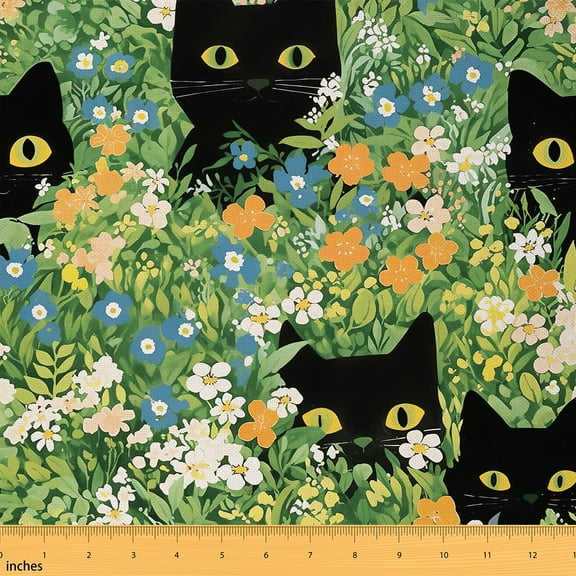 Castle Fairy Black Cat Fabric by the Yard 1 Yard,Spring Garden Home Decor Fabric by the Yard,Flower Animal Room Decor Fabric by the Yard,Ultra Soft Cartoon Home Decor
