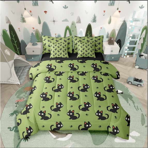 Castle Fairy Black Cats 7pcs Bedding Comforter Set for Children,Animal Paw Print Queen Bedding Sets Super Cozy,Black Green Queen Sheet Sets,Lightweight Room Decor