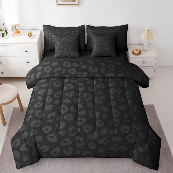 Castle Fairy Black Cheetah Print 7Pcs Bedding Comforter Set for Men Women Children,Abstract Animal Print Queen Bedding Sets Super Cozy,Fashion Modern Queen Sheet Sets,Microfiber Bedroom Decor