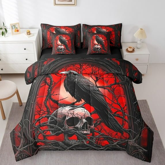 Castle Fairy Black Crow 7-Piece Bedding Comforter Set,Abstract Skull King Bedding Sets,Gothic Style Ultra Soft Bed Sheets,Breathable Abstract Home Decor,Reversible