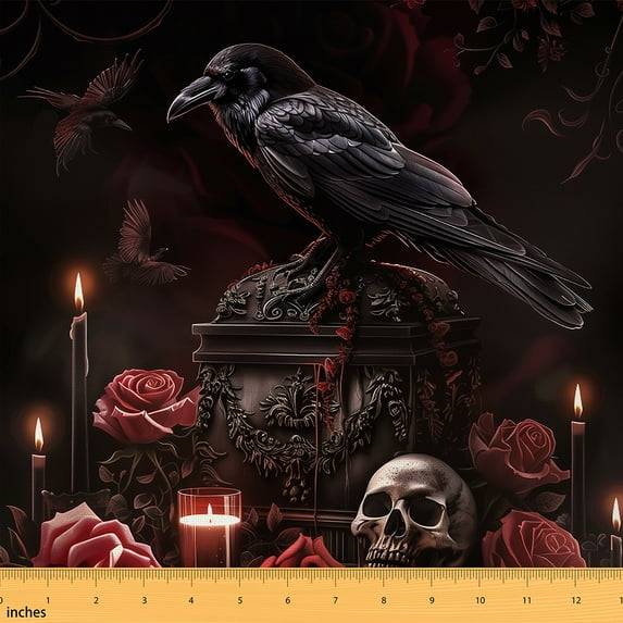 Castle Fairy Black Crow Fabric by the Yard 1 Yard,Gothic Skull Home Decor Fabric by the Yard,Floral Rose Room Decor Fabric by the Yard,Lightweight Room Decor