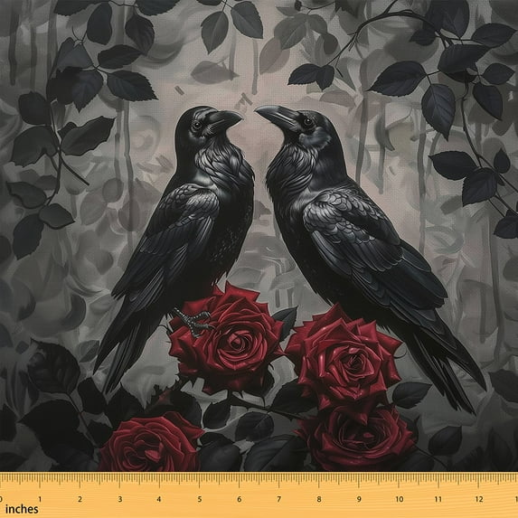 Castle Fairy Black Crow Fabric by the Yard 1 Yard for Teens,Flower Rose Home Decor Fabric by the Yard,Gothic Style Room Decor Fabric by the Yard,Ultra Soft Home Decor