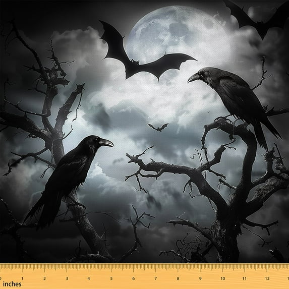Castle Fairy Black Crow Fabric by the Yard 2 Yards for Teens,Tree Branches Room Decor Fabric by the Yard,Gothic Style Sewing Fabric,Ultra Soft Home Decor