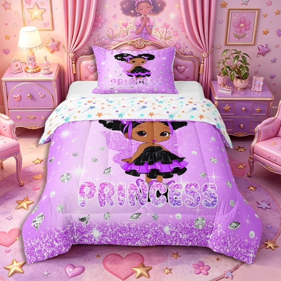 Castle Fairy Black Cute Elf Twin Comforter Sets 2pcs,Shimmering Wing Pattern Bedding Set,Lavender Violet Black,1 Comforter and 1 Pillowcase