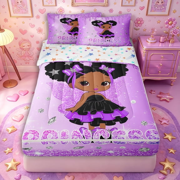 Castle Fairy Black Cute Elf Zipper Full Size Comforter Sets with Fitted Sheet and 2 Pillowcases,Shimmering Wing Pattern Zipper Bedding Set,Lavender Violet Black,4pcs