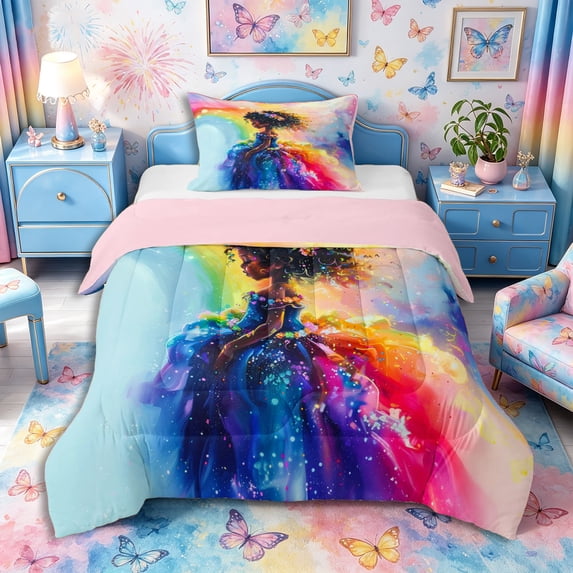 Castle Fairy Black Cute Girl Twin Comforter Sets 2pcs,Dreamy Rainbow Print Bedding Set,Blue Purple Pink,1 Comforter and 1 Pillowcase