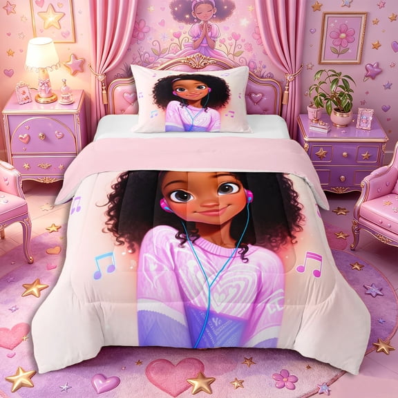 Castle Fairy Black Cute Girl Twin Comforter Sets 2pcs,Musical Note Print Bedding Set,Pink Purple,Grey Reversible,1 Comforter and 1 Pillowcase