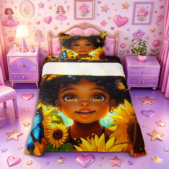 Castle Fairy Black Cute Girl Twin Sheets 3pcs,Sunflower Butterfly Print Bedding,Yellow Green,1 Fitted Sheet, 1 Flat Sheet and 1 Pillowcase