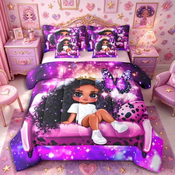 Castle Fairy Black Cute Princess Queen Bedding 7pcs,Dreamy Crown Butterfly Print Bedding Comforter Set Queen,Purple Pink,Grey Reversible
