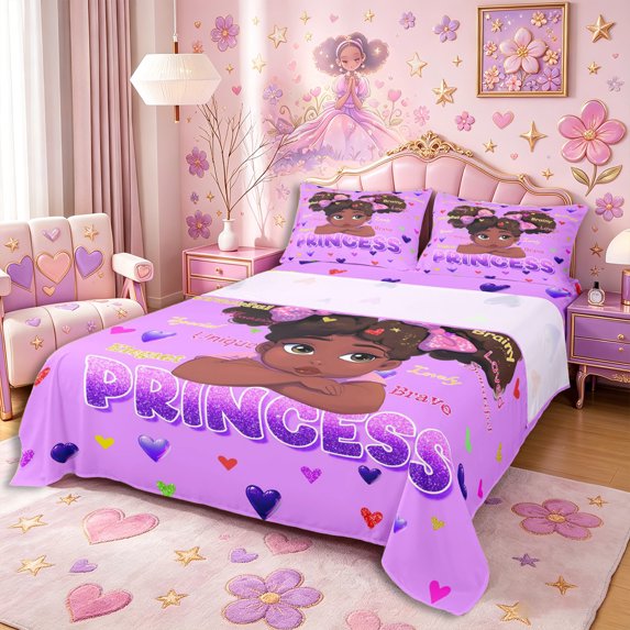 Castle Fairy Black Cute Princess Queen Sheets 4 Pieces,Sparkle Bow Print Queen Sheet Sets,Purple,1 Fitted Sheet, 1 Flat Sheet and 2 Pillowcases
