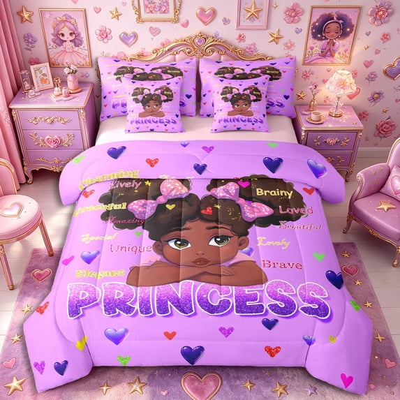 Castle Fairy Black Cute Princess Twin Bedding 7-Piece,Sparkle Bow Print Bedding Comforter Set,Purple,Pink Reversible