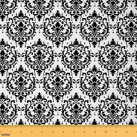 Castle Fairy Black Damask Fabric by the Yard 1 Yard, White Bohemian Room Decor Fabric by the Yard, Baroque Floral Fabric for Sewing, Super Cozy Room Decor