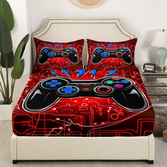 Castle Fairy Black Gamepads 4-Piece Full Size Sheets,Geometric Plaid Bed Sheets,Video Game Lightweight Sheet Sets,Luxury Boys Bedroom Decor