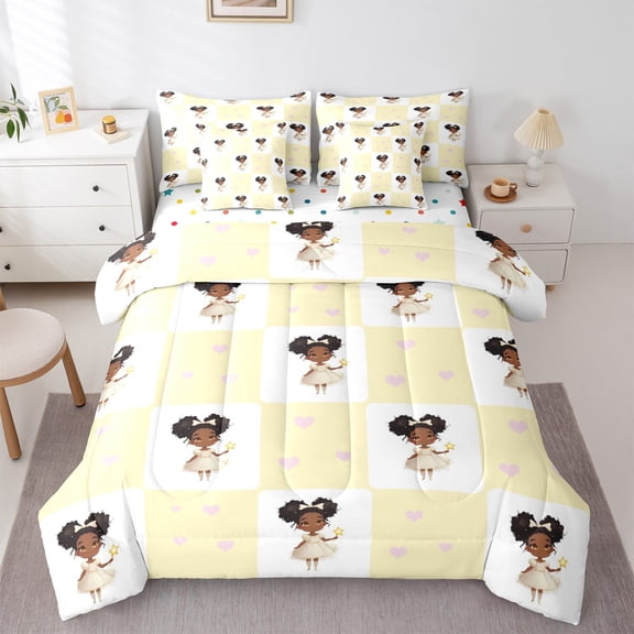 Castle Fairy Black Girl 7-Piece Bedding Comforter Set,Geometric Plaid King Bedding Sets,Love Heart Print Ultra Soft Bed Sheets,Microfiber Bedroom Decor