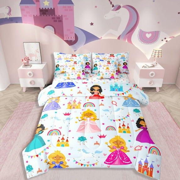 Castle Fairy Black Girl 7-Piece Twin Bedding Sets,Princess Castle Bedding Comforter Set,Unicorn Rainbow Breathable Sheet Sets,Super Cozy Cartoon Room Decor,Reversible