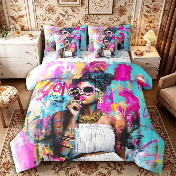 Castle Fairy Black Girl Full Size Bedding Sets 7 Pieces,Colorful Graffiti Splash Full Size Bed in a Bag,Pink Turquoise