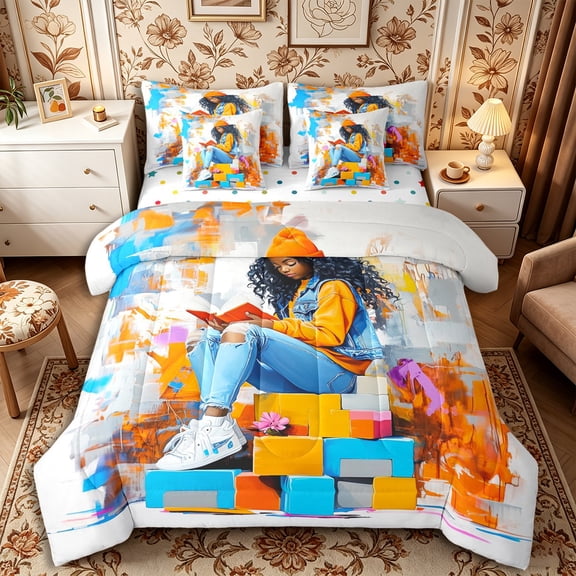 Castle Fairy Black Girl Full Size Bedding Sets 7 Pieces,Colorful Plaid Graffiti Full Size Bed in a Bag,Orange Blue,Grey Reversible