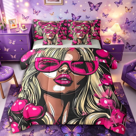 Castle Fairy Black Girl King Bedding 7pcs,Fruit Cherry King Bed in a Bag,Pink Black,Grey Reversible