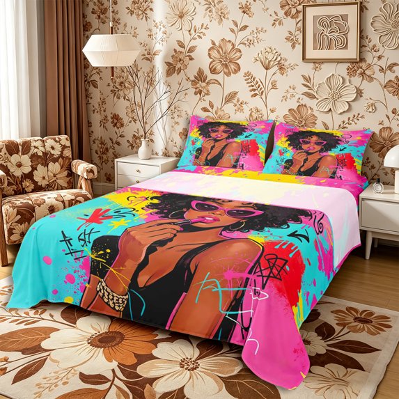Castle Fairy Black Girl Lipstick Pattern Queen Sheets 4 Pieces,Abstract Graffiti Artwork Queen Sheet Sets,Pink Teal Black,1 Fitted Sheet, 1 Flat Sheet and 2 Pillowcases