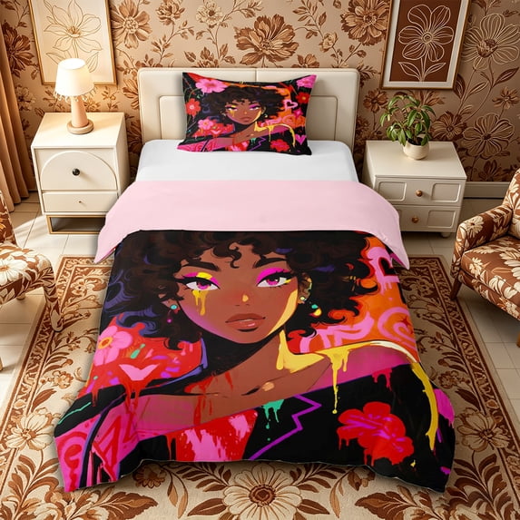 Castle Fairy Black Girl Lipstick Pattern Twin Duvet Cover,Abstract Graffiti Flowers Artwork Twin Bedding,Pink Black,Grey Reversible,1 Duvet Cover and 1 Pillowcase