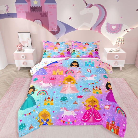 Castle Fairy Black Girl Princess 2pcs Bedding Comforter Set,Unicorn Rainbow Castle Twin Comforter Sets,Cartoon Animal Breathable Bedding Set,Microfiber Cute Bedroom Decor,Reversible