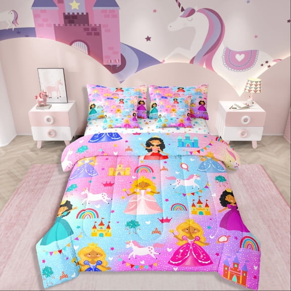 Castle Fairy Black Girl Princess 7-Piece Bedding Comforter Set,Unicorn Rainbow Castle King Bedding Sets,Cartoon Animal Ultra Soft Bed Sheets,Microfiber Cute Bedroom Decor,Reversible