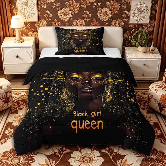 Castle Fairy Black Girl Queen Twin Comforter Sets 2pcs,Graffiti Splash Print Bedding Set,Gold,Black Reversible,1 Comforter and 1 Pillowcase