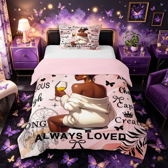 Castle Fairy Black Girl Twin Duvet Cover,Boho Dreamcatcher Gradient Marble Twin Bedding,Pink White,Pink Reversible,1 Duvet Cover and 1 Pillowcase