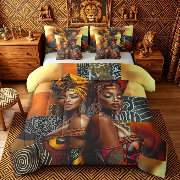 Castle Fairy Black Girls Twin Bedding 7-Piece,Geometric Block Pattern Style Bedding Comforter Set,Yellow Black Red,Grey Reversible