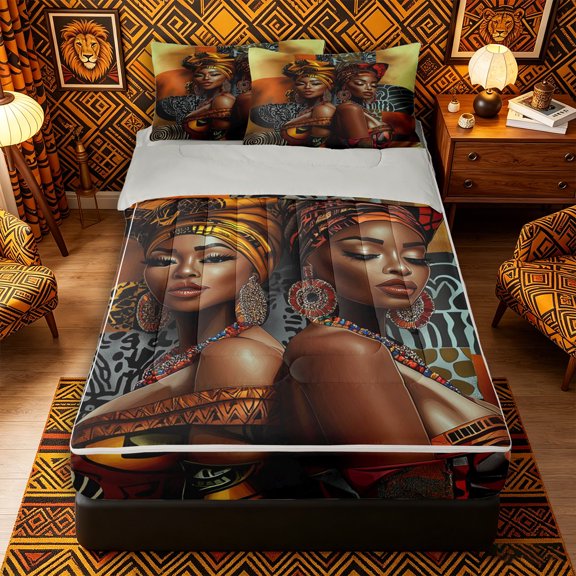 Castle Fairy Black Girls Zipper Twin Comforter Sets with Fitted Sheet and 2 Pillowcases,Geometric Block Pattern Style Zipper Bedding Set,Yellow Black Red,Grey Reversible,4-Piece