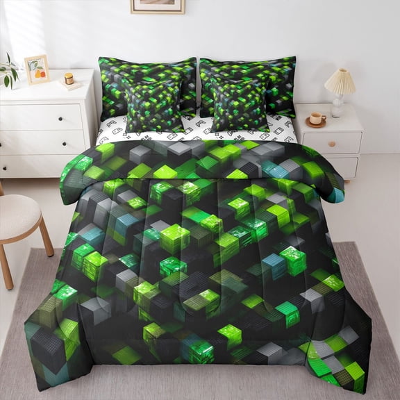 Castle Fairy Black Green Grid Bedding Comforter Set,Futuristic Cubes Full Bedding Set