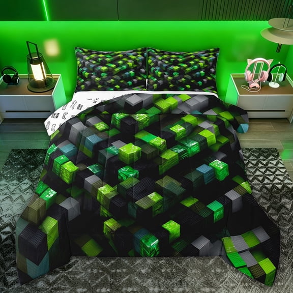 Castle Fairy Black Green Grid Full Size Comforter Sets,Futuristic Cubes Bedding Sets
