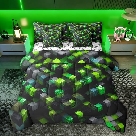 Castle Fairy Black Green Grid Twin Bedding Sets,Futuristic Cubes Bedding Comforter Set
