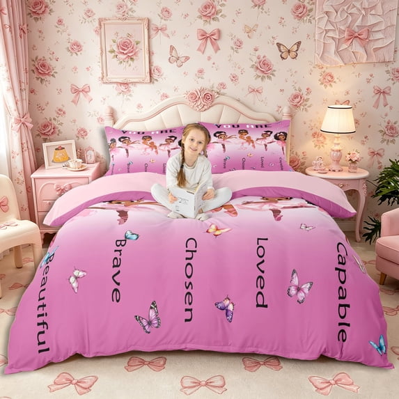 Castle Fairy Black Kawaii Ballet Girl Bedding,Flying Butterfly Kawaii Bow Duvet Cover Full,Grey Reversible,1 Duvet Cover and 2 Pillowcases